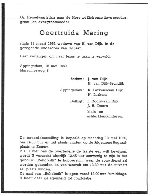 geertruida maring rouwkaart in 1969.